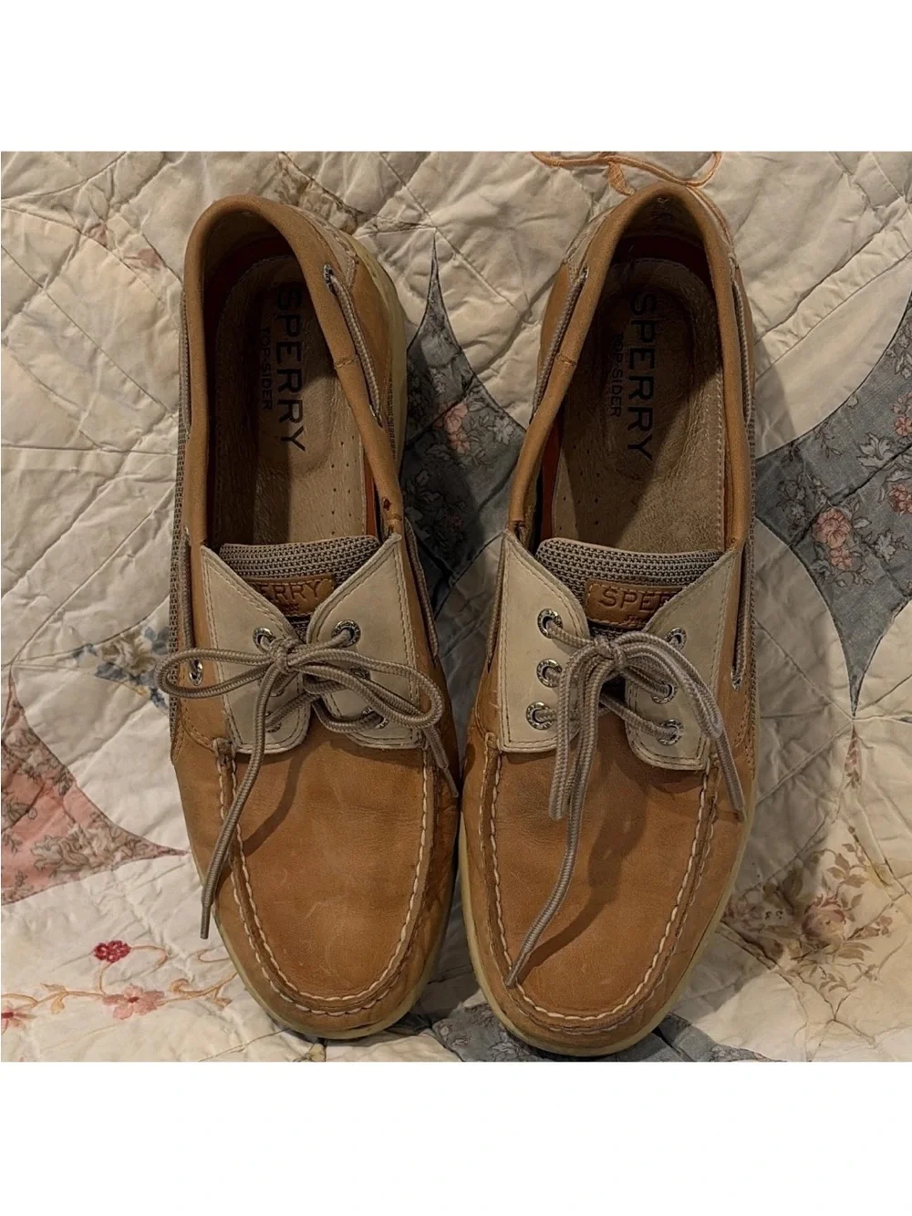 Sperry Top-Sider Men's Leather Mesh Boat Shoes Lace-Up Brown Beige 12 M